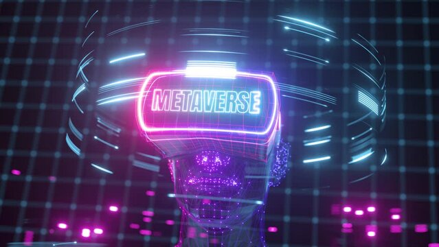 3d neon animation. Human head with virtual reality device. Metaverse simulation concept. User avatar playing game