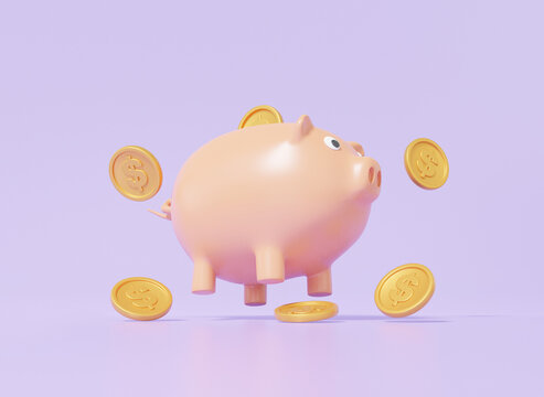 Coins dollar and piggy bank floating Finance saving concept, cartoon style minimal on purple pastel background. deposit, copy space, 3d render illustration