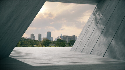 Space for products is shown in the concrete hallway with a park background.3D rendering.