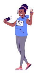 Positive girl in sportswear semi flat RGB color vector illustration. Female marathon athlete taking selfie isolated cartoon character on white background