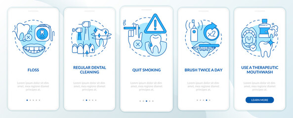 Naklejka premium Periodontal disease prevention blue onboarding mobile app screen. Walkthrough 5 steps graphic instructions pages with linear concepts. UI, UX, GUI template. Myriad Pro-Bold, Regular fonts used