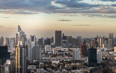 Bangkok, Thailand - 02 Feb, 2022 : Evening time scene of various skyscrapers at Bangkok city. No focus, specifically.