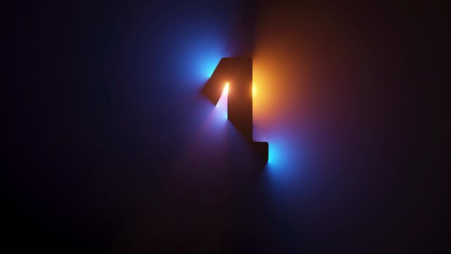 3d animated countdown, numbers from one to ten appear in the dark, illuminated with yellow blue gradient neon light