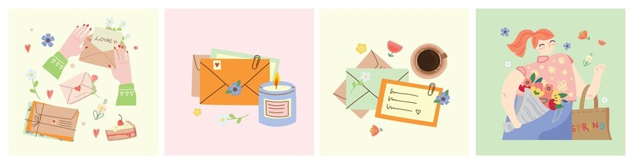 Spring is in the air. Cute girl holding a bouquet of flowers. Vector stock illustration. Design for the holiday of spring, birthday, diary.