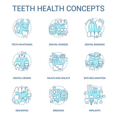 Teeth health turquoise concept icons set. Regular dental visit idea thin line color illustrations. Implants installment. Isolated symbols. Editable stroke. Roboto-Medium, Myriad Pro-Bold fonts used