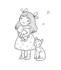  ute cartoon girl with a cat and a rabbit. Baby with animals. Illustration for colorin book