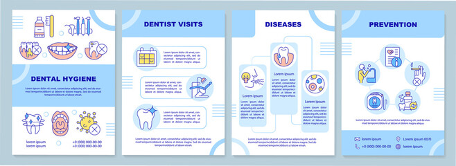 Dental hygiene blue brochure template. Diseases treatment. Leaflet design with linear icons. 4 vector layouts for presentation, annual reports. Arial-Black, Myriad Pro-Regular fonts used