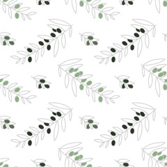 Olive seamless pattern. Olive branch with silvery leaves and green and black olives. Modern trendy design style, home decor, Scandinavian minimalism. Hand drawn, vector eps 10.