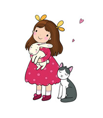  Сute cartoon girl with a cat and a rabbit. Baby with animals.