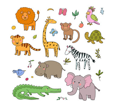 African animals. Cute cartoon lion and tiger, elephant and zebra, monkey and parrot. Fun zoo.
