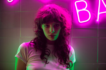 Portrait of a curly girl against a pink neon sign.