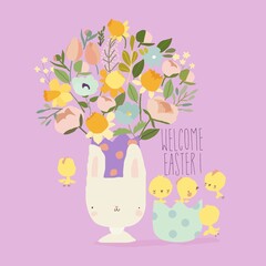 Cute Easter Card with Bouquet of Flowers and Chicks
