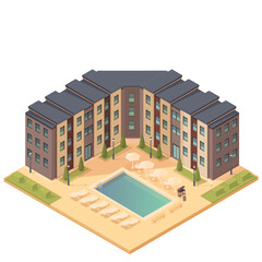 isometric modern yard with houses and swimming pool, vector illustration