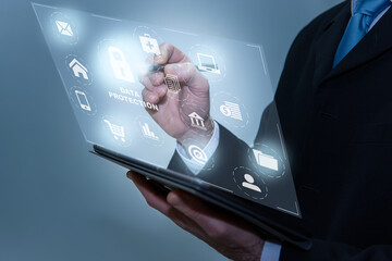 Cybersecurity network, key icon and networking, internet technology. Businessman protecting personal data on virtual interface, data protection privacy concept