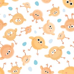 Seamless pattern with chicks, chicken, egg, Easter