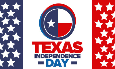 Texas Independence Day. Texas flag. Lone star flag. Freedom holiday in Unites States, celebrated annual in March. Patriotic vector poster. Creative illustration