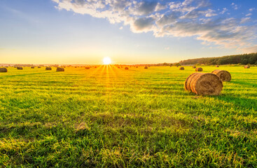 Scenic view at picturesque burning sunset in a green shiny field with hay stacks, bright cloudy sky , golden sun rays and road leading far away, summer valley landscape