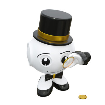 3d Charakter mit Zylinder, schaut durch sein Monokel auf eine Bitcoin Münze. 3d rendering
