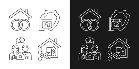 Property purchasing legal features linear icons set for dark, light mode. Community realty. House price negotiation. Thin line symbols for night, day theme. Isolated illustrations. Editable stroke