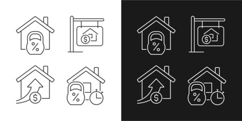 Buying house linear icons set for dark, light mode. Home mortgage. Accomodation purchase. Real estate. Property sale. Thin line symbols for night, day theme. Isolated illustrations. Editable stroke