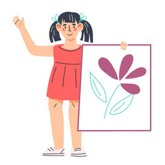 Kid girl little painter with drawing picture, flat cartoon vector illustration isolated on white background. Creative child artist cartoon character. Kids hobby and creativity concept.