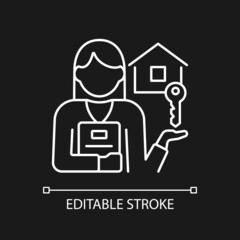 Estate agent white linear icon for dark theme. Real estate broker. Housing assistance and help. Property sale. Thin line illustration. Isolated symbol for night mode. Editable stroke. Arial font used