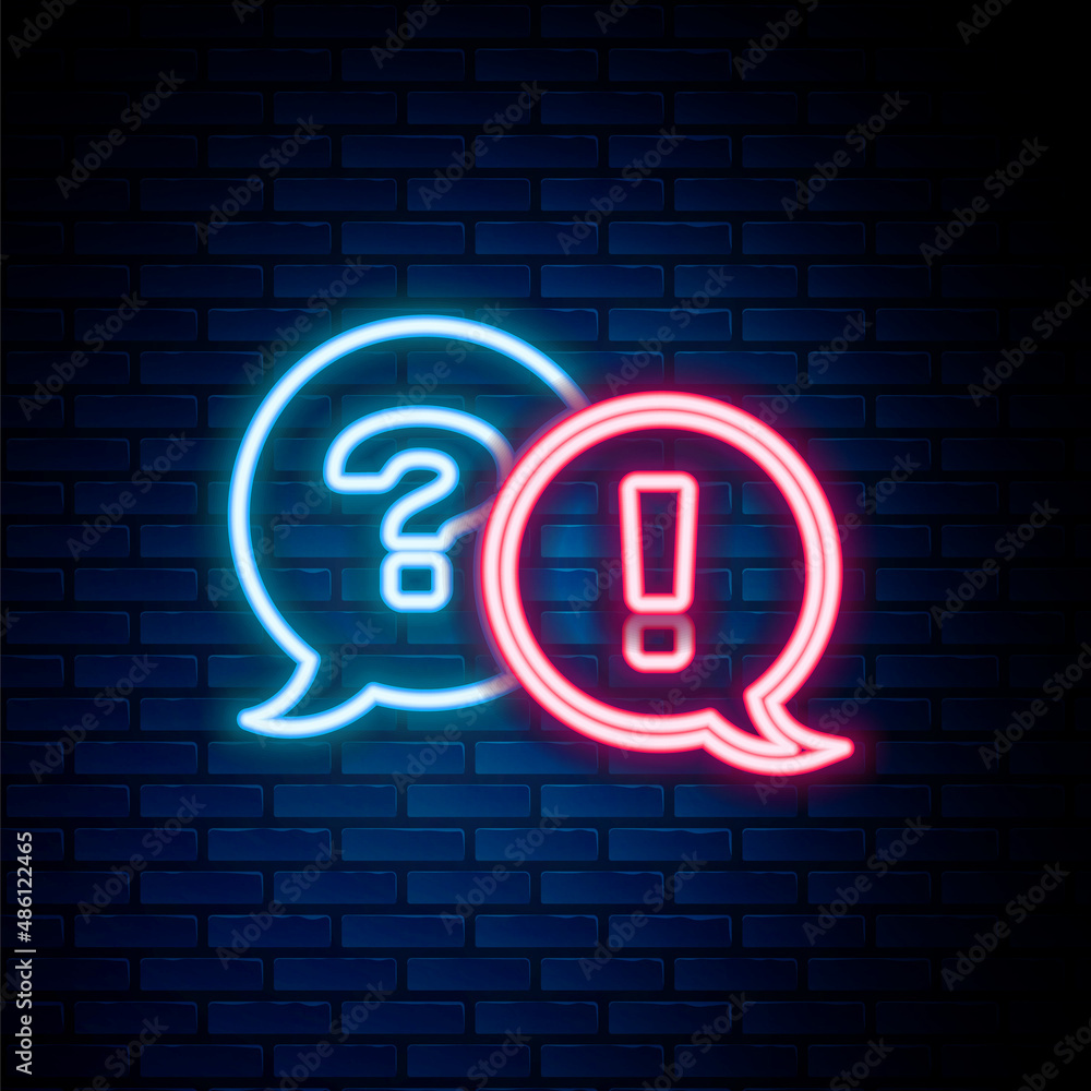 Poster glowing neon line speech bubbles with question and exclamation icon isolated on brick wall backgroun