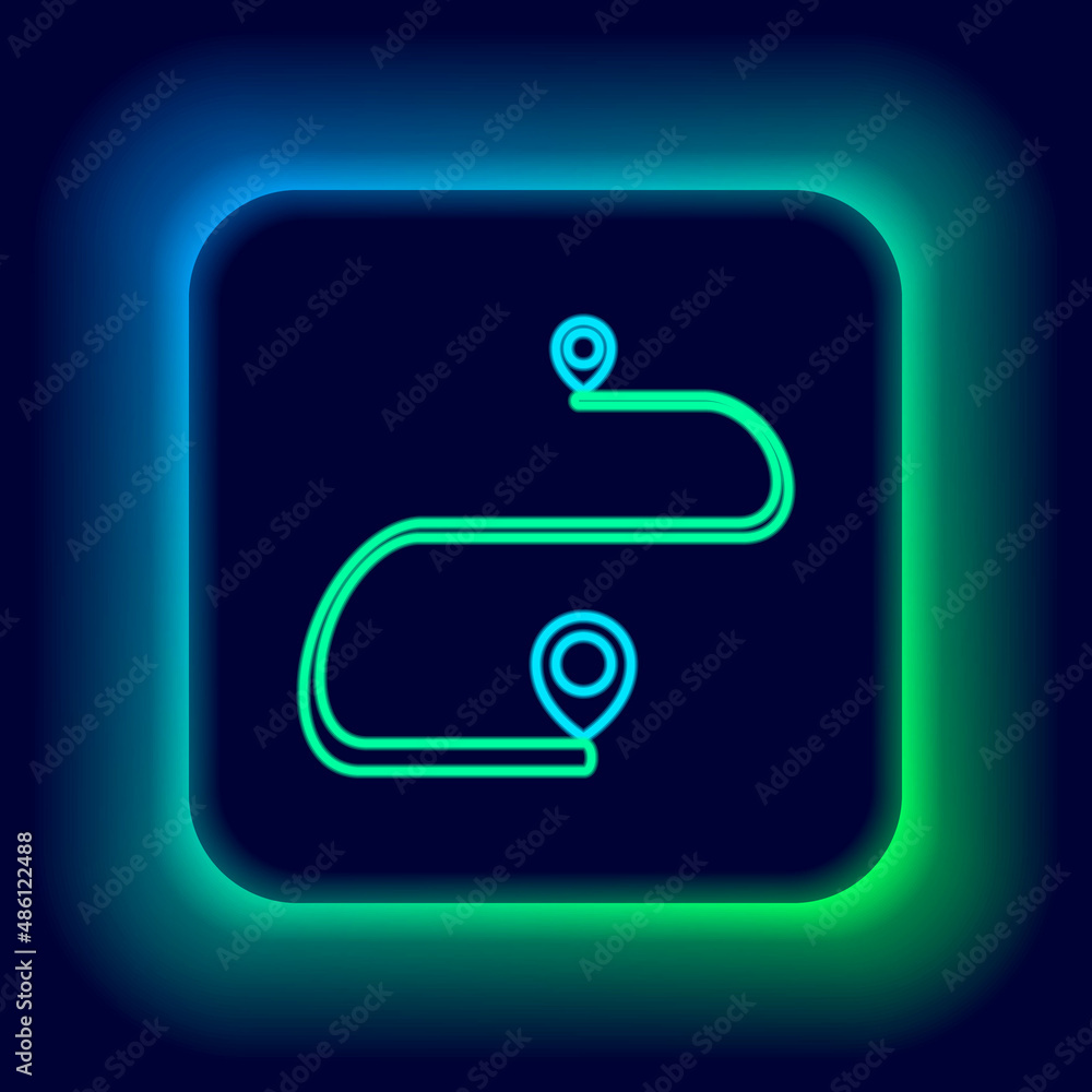 Poster glowing neon line route location icon isolated on black background. map pointer sign. concept of pat
