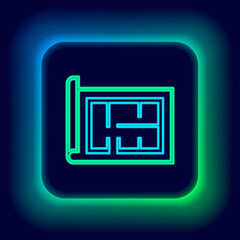 Glowing neon line House plan icon isolated on black background. Colorful outline concept. Vector