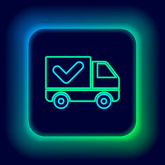 Glowing neon line Delivery truck with check mark icon isolated on black background. Colorful outline concept. Vector