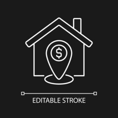 Property location estimation white linear icon for dark theme. Real estate assessment. Infrastructure and view. Thin line illustration. Isolated symbol for night mode. Editable stroke. Arial font used