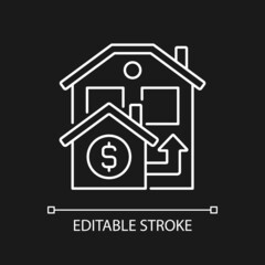 Bridge loan white linear icon for dark theme. Short term loan to exchange accommodation. Property sale. Thin line illustration. Isolated symbol for night mode. Editable stroke. Arial font used