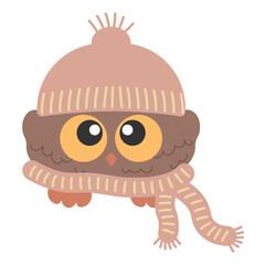 Little Cute Bird Owl with big eyes in winter hat and scarf