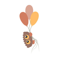 Little Cute Bird Owl with big eyes flying to the sky holding air balloons
