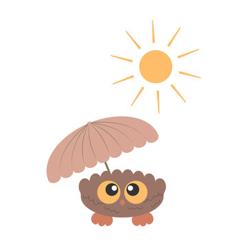Little Cute Bird Owl with big eyes hiding under umbrella from sun