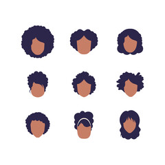 Set of faces Women of African American appearance. Isolated. Vector illustration.