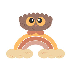Little Cute Bird Owl with big eyes sitting on the rainbow