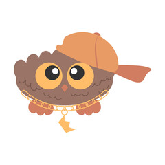 Little Cute Bird Owl with big eyes rapper in cap, with chain and crown