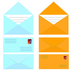 Yellow mail icon set in flat design style.Vector illustration isolated on white background.Eps 10.Open and closed envelope. Vector icon in flat design style Closed, open with a message e-mail envelope