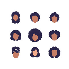Large Set of Faces Women with different hairstyles and different nationalities. Isolated. Flat style.