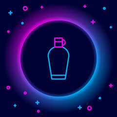 Glowing neon line Canteen water bottle icon isolated on black background. Tourist flask icon. Jar of water use in the campaign. Colorful outline concept. Vector