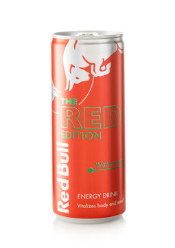 LONDON,UK - DECEMBER 25, 2021: Summer Edition of Red bull Energy Drink with Watermelon taste on white background.
