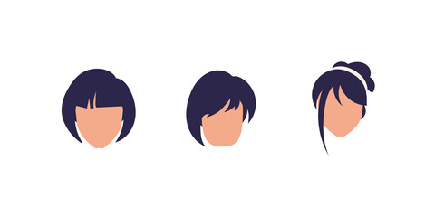 Set of faces of girls with different hairstyles. Isolated on white background. Vector.