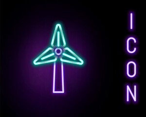 Glowing neon line Wind turbine icon isolated on black background. Wind generator sign. Windmill for electric power production. Colorful outline concept. Vector