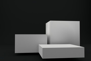 White podium shelf or empty pedestal display on black background with minimal style stand for showing product. 3D rendering.
