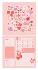 Design logo of the february calendar for Valentine's Day. Vector isolated colorful element. Hand-drawn icons of spring roses, champagne, macaroons, air kisses, pink hearts, love letters. 