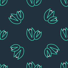 Line Pistachio nuts icon isolated seamless pattern on black background. Vector