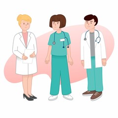 Vector illustration of a group of medical workers on a white background in a flat style. Doctors and nurses, men and women in uniform.
