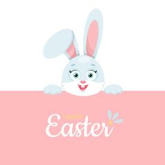 Easter Bunny. Easter card with rabbit, Happy Easter inscription. Cute character, little animal. Copy space. Pink and white background. Holiday banner, flyer, leaflet,  advertising. Vector illustration