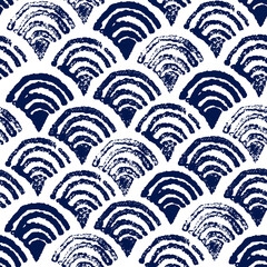 Blue seamless pattern in japanese style. Traditional vector art background. Hand drawn stamp geometric ornament